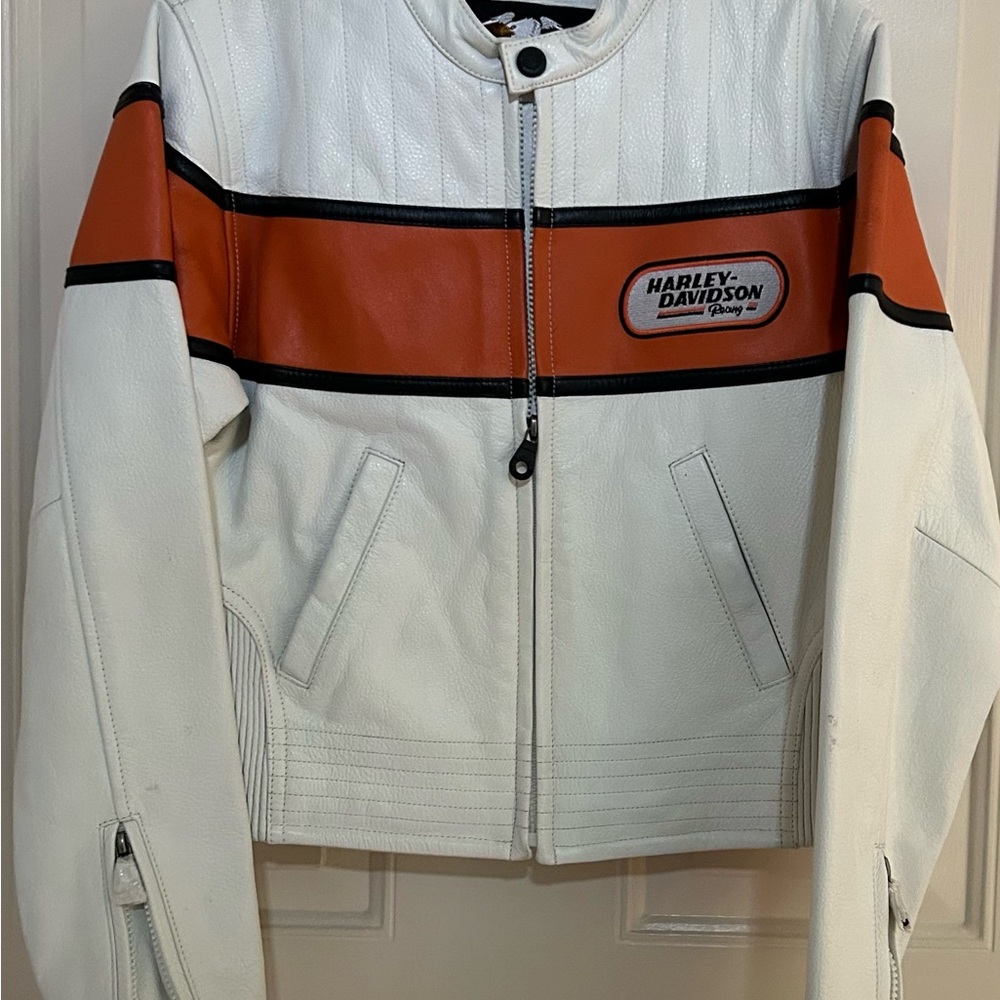 Women’s small Harley Davidson Leather Jacket. Heavy weight. White/Orange